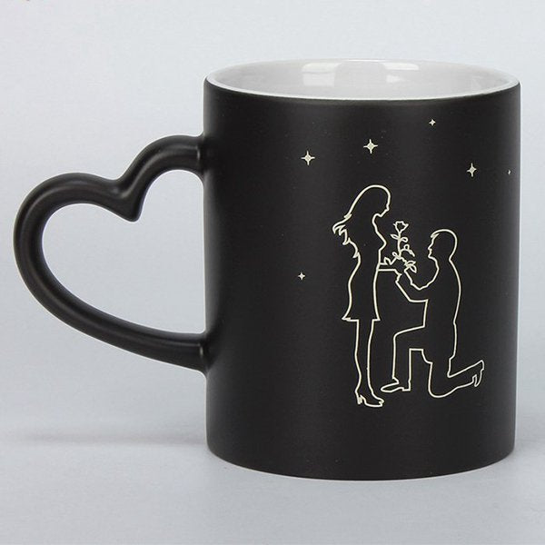 熱變色馬克杯-300ml黑色霧面心型手柄