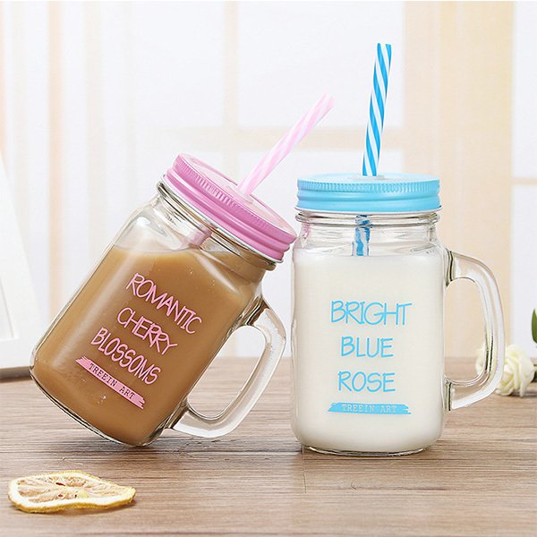 500ML彩色蓋附吸管梅森玻璃杯