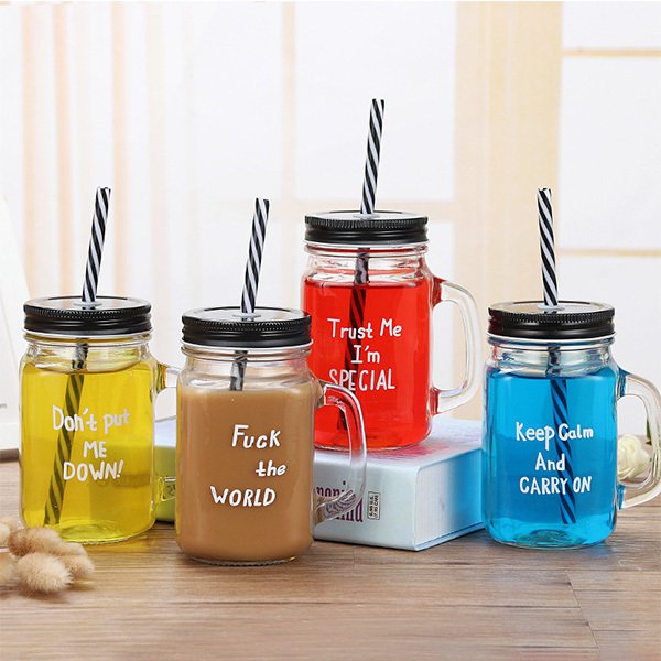 500ML彩色蓋附吸管梅森玻璃杯