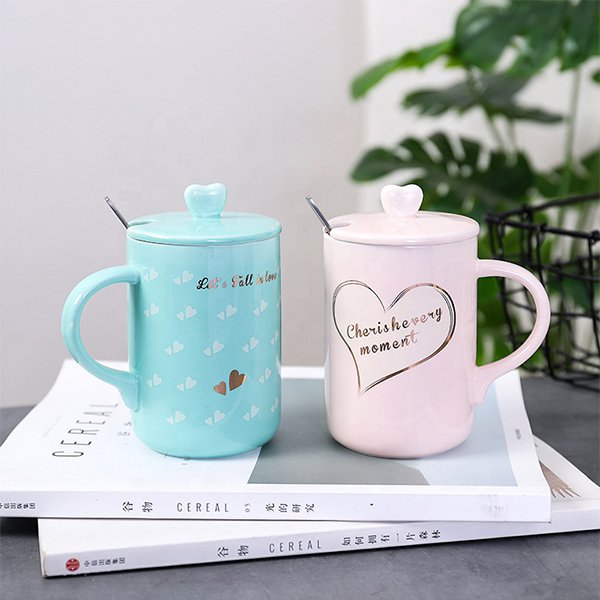 心型蓋婚禮戀人陶瓷對杯-附蓋子湯匙