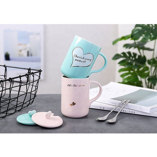 心型蓋婚禮戀人陶瓷對杯-附蓋子湯匙