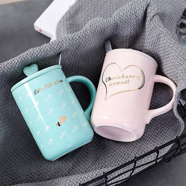 心型蓋婚禮戀人陶瓷對杯-附蓋子湯匙