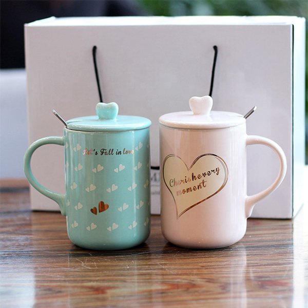 心型蓋婚禮戀人陶瓷對杯-附蓋子湯匙