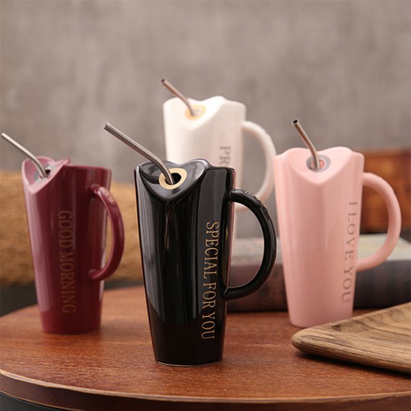 心型可插吸管陶瓷咖啡杯