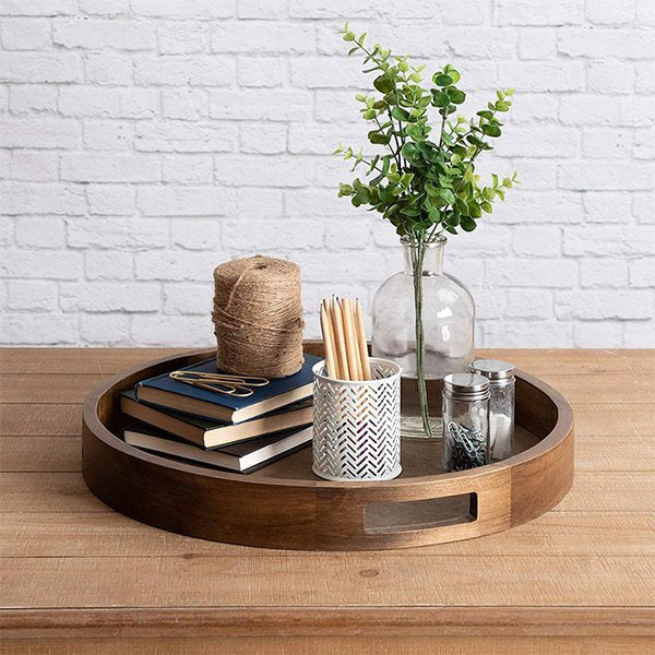 圓形木製托盤-穿洞把手托盤