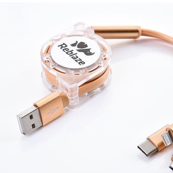 三合一可伸縮傳輸充電線附USB充電頭