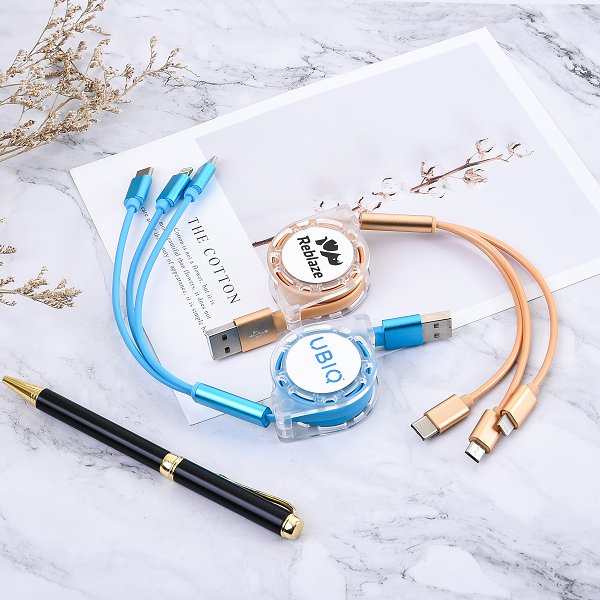 三合一可伸縮傳輸充電線附USB充電頭