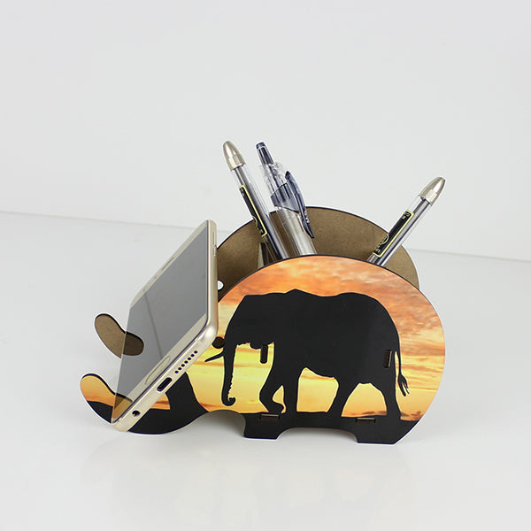 筆筒木製熱轉印手機架-大象造型