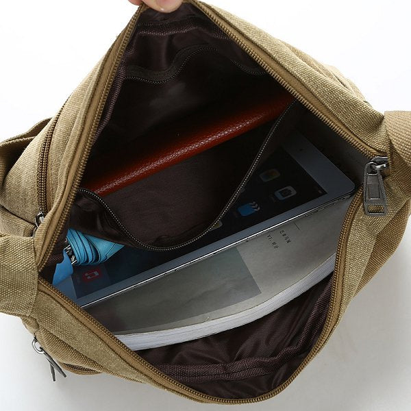 多夾層休閒斜跨包-帆布單肩包