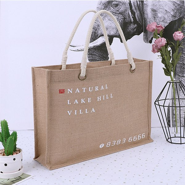 竹提把天然黃麻購物袋