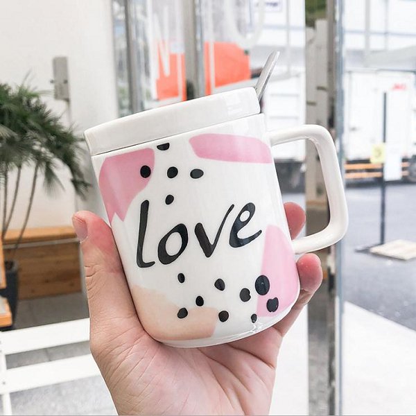 400ml簡約風陶瓷馬克杯-附蓋子湯匙