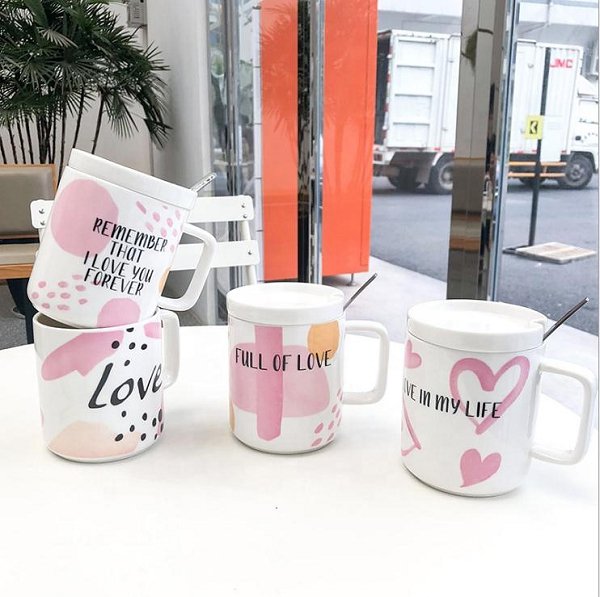 400ml簡約風陶瓷馬克杯-附蓋子湯匙