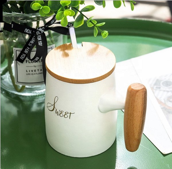 450ml木柄陶瓷馬克杯-附蓋子湯匙