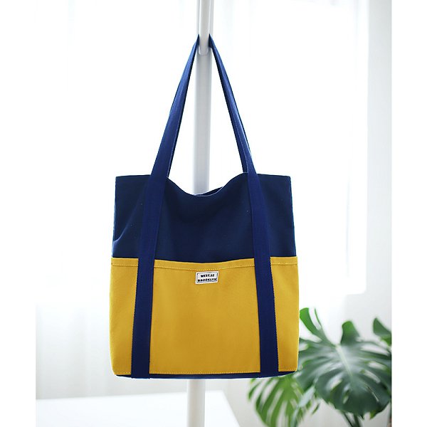 雙色拼接長提把帆布袋-簡約單肩包