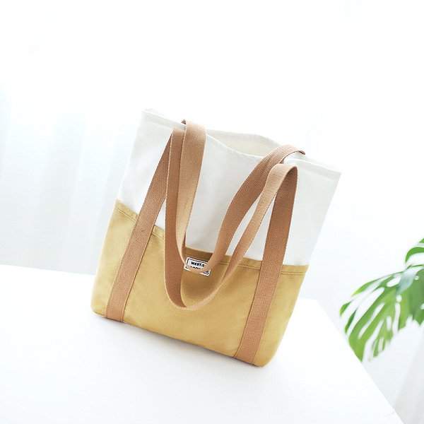 雙色拼接長提把帆布袋-簡約單肩包