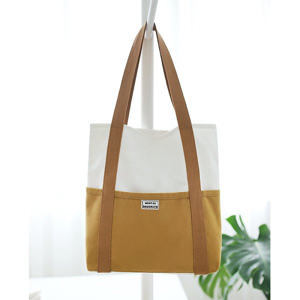 雙色拼接長提把帆布袋-簡約單肩包