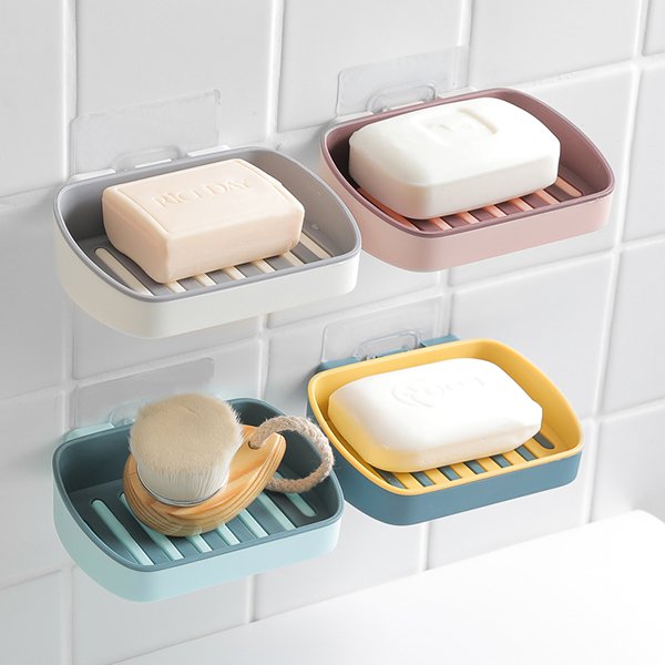 無痕貼壁掛式雙層塑料肥皂盒-長方形
