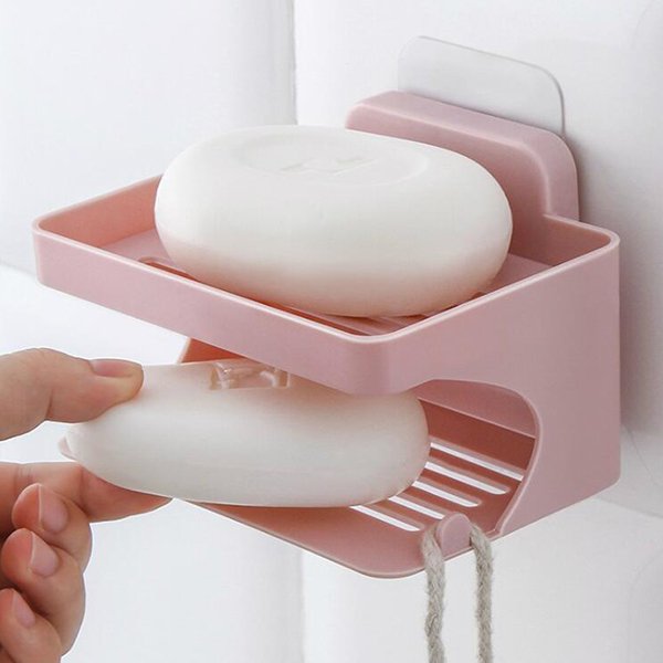 無痕貼壁掛式雙層塑料肥皂架-長方形