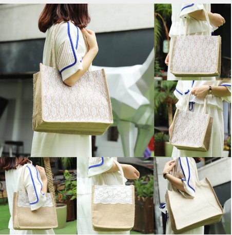 復古蕾絲黃麻購物袋