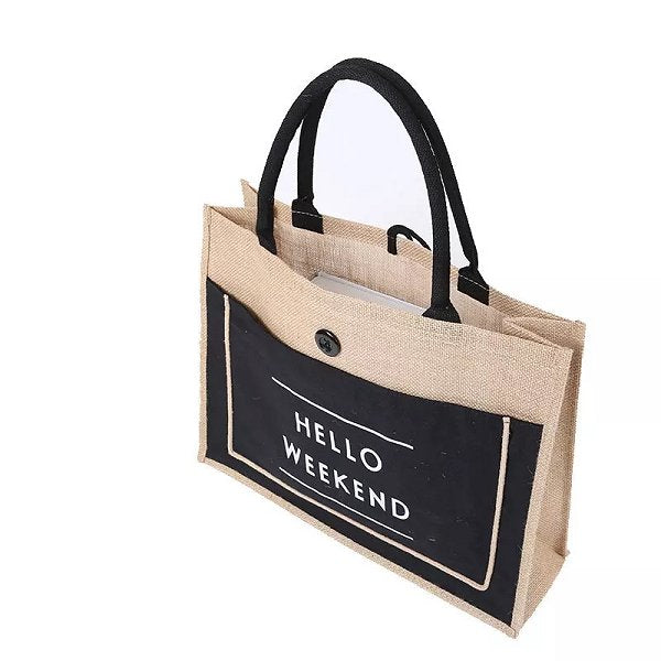 撞色鈕扣封口黃麻購物袋