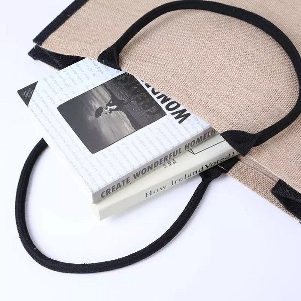 撞色鈕扣封口黃麻購物袋