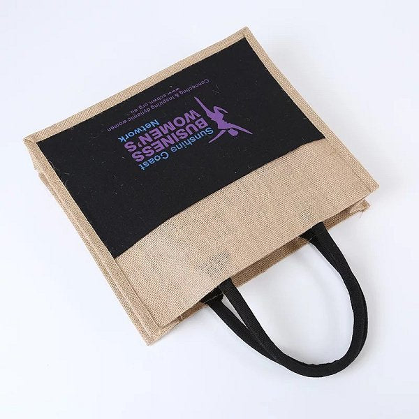 撞色鈕扣封口黃麻購物袋