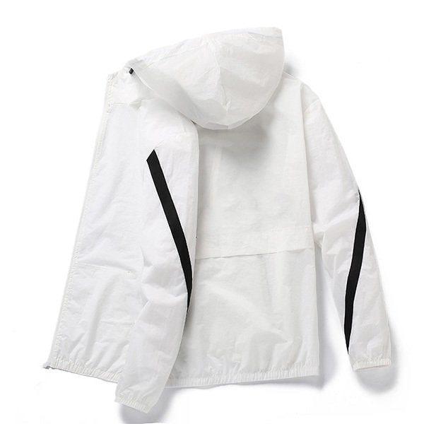 男款滌綸拼色連帽風衣外套