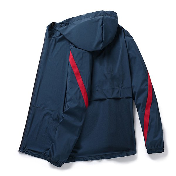 男款滌綸拼色連帽風衣外套