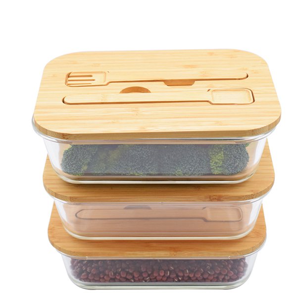 竹蓋玻璃保鮮餐盒-附竹餐具