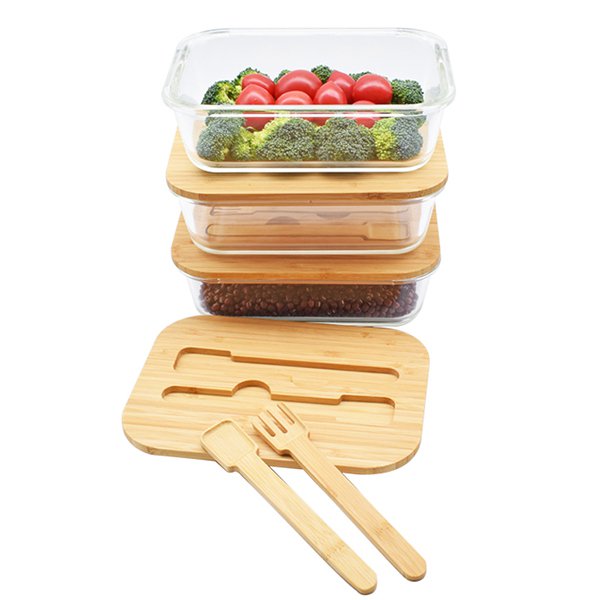 竹蓋玻璃保鮮餐盒-附竹餐具