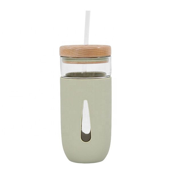 630ml矽膠杯套木蓋玻璃吸管杯