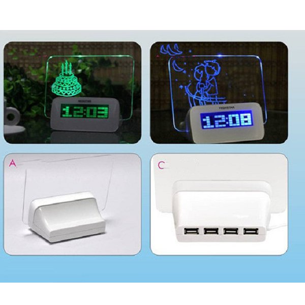 4USB創意鬧鐘多功能夜光留言板