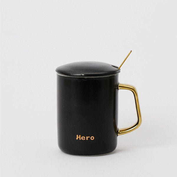 380ml金色把手附蓋子湯匙陶瓷馬克杯