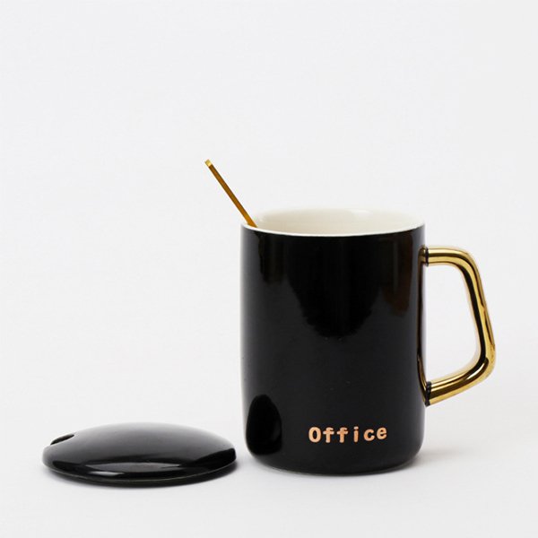 380ml金色把手附蓋子湯匙陶瓷馬克杯