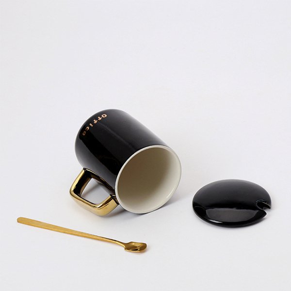 380ml金色把手附蓋子湯匙陶瓷馬克杯