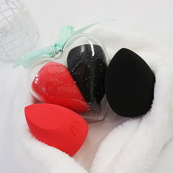 PU美妝蛋-水滴造型-透明愛心塑料盒