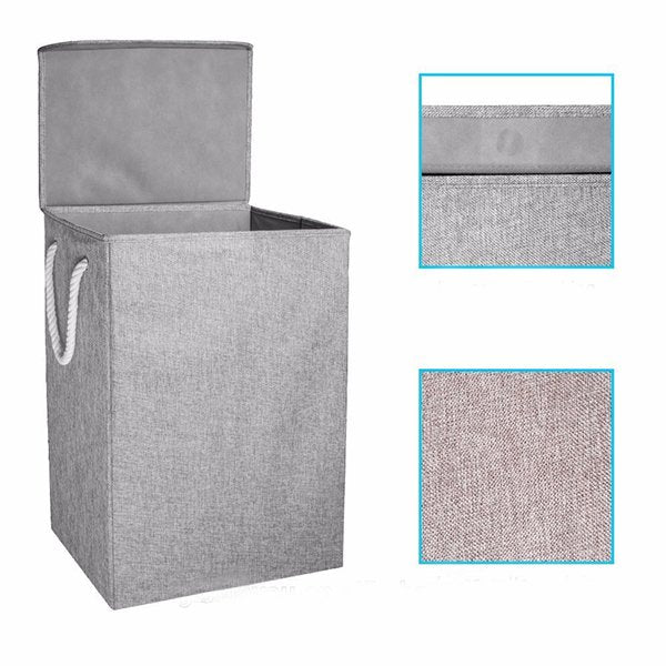 可摺疊亞麻洗衣籃-附蓋子提繩