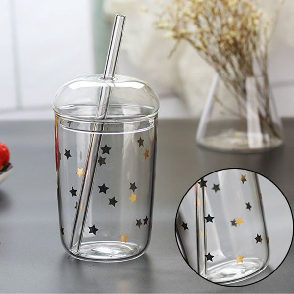 450ml帶蓋牛奶玻璃吸管杯