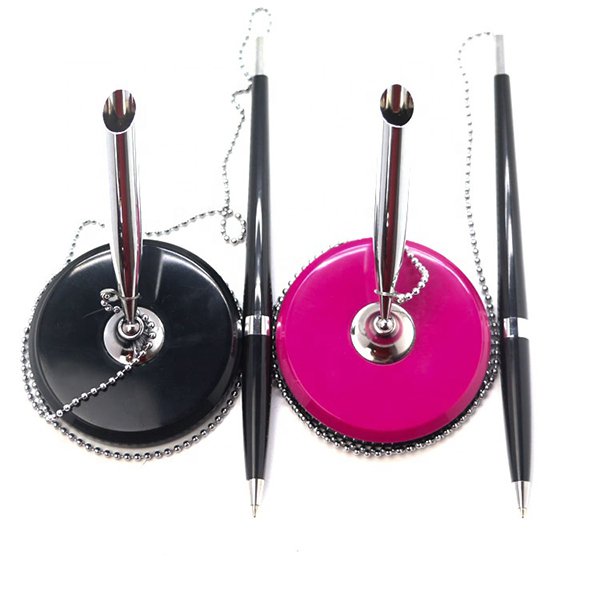 雙色圓形底座珠鍊塑膠櫃檯筆