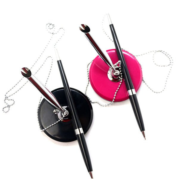 雙色圓形底座珠鍊塑膠櫃檯筆