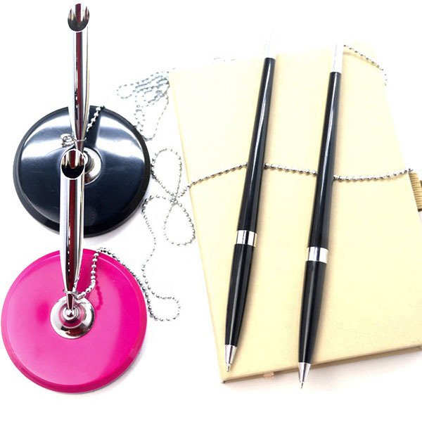 雙色圓形底座珠鍊塑膠櫃檯筆