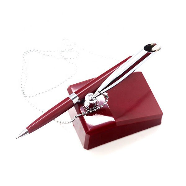 紅色梯形底座珠鍊塑膠櫃檯筆