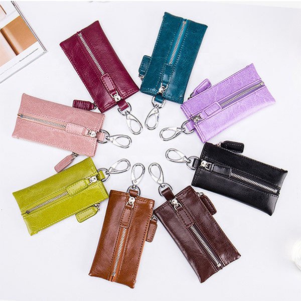 真皮雙拉鍊式鑰匙收納扣皮夾