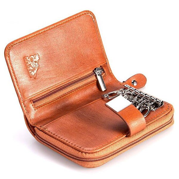 真皮磁扣式鑰匙收納扣拉鍊皮夾