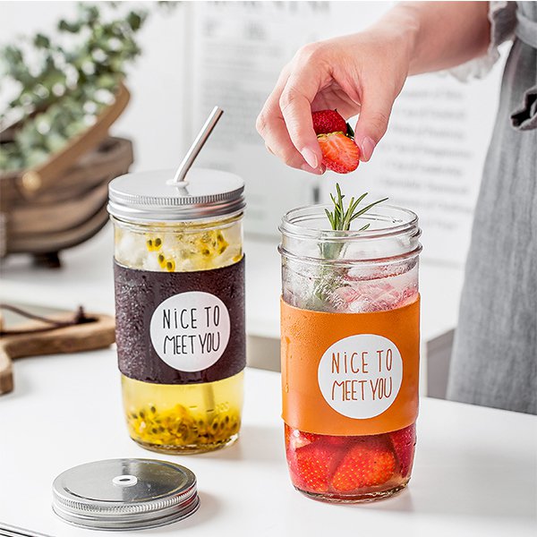 附吸管玻璃冷飲果汁杯