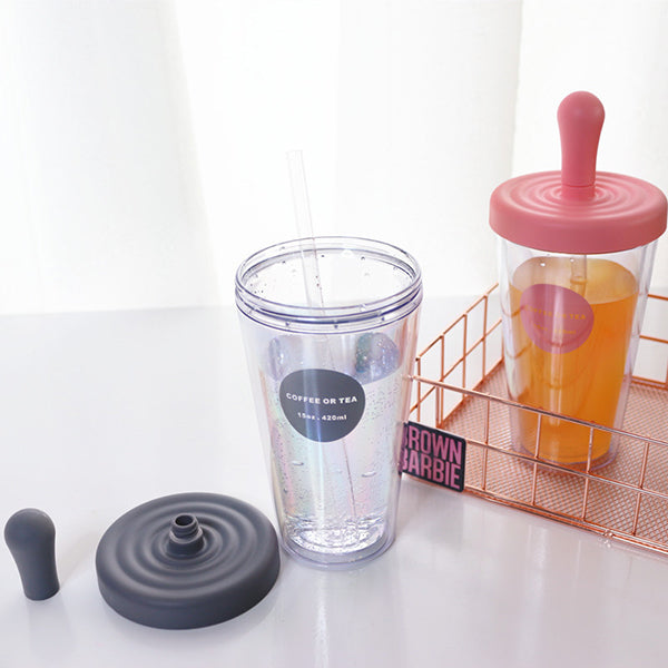420ml雙層防漏塑膠吸管杯