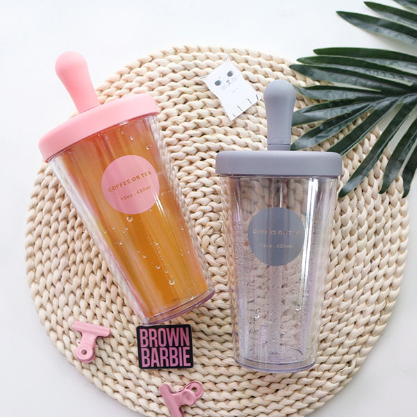 420ml雙層防漏塑膠吸管杯