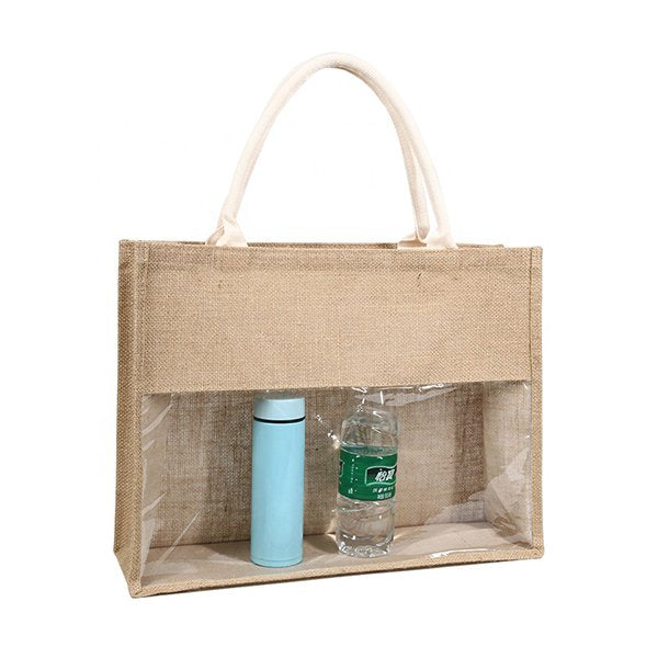 黃麻布拼接透明PVC購物袋
