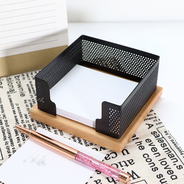 木製底座黑色網格便條紙收納盒