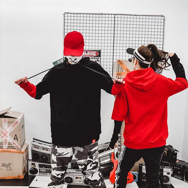 純棉長袖拼接連帽T恤